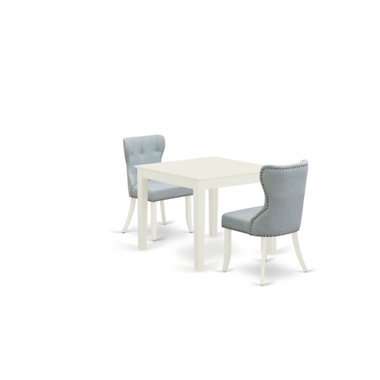 A Dining Set Of 2 Great Dining Chairs, Baby Blue Color, Gorgeous Wood Table, Linen White Color