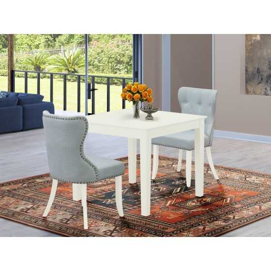 A Dining Set Of 2 Great Dining Chairs, Baby Blue Color, Gorgeous Wood Table, Linen White Color