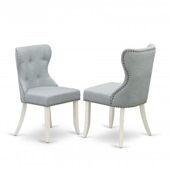 A Dining Set Of 2 Great Dining Chairs, Baby Blue Color, Gorgeous Wood Table, Linen White Color