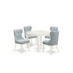 A Kitchen Set Of 4 Wonderful Chairs, Baby Blue Color, Stunning Square Kitchen Table, Linen White Color