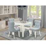 A Kitchen Set Of 4 Wonderful Chairs, Baby Blue Color, Stunning Square Kitchen Table, Linen White Color