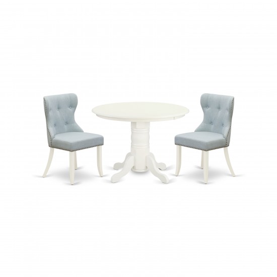 A Dining Set Of 2 Amazing Kitchen Chairs, Baby Blue Color, Gorgeous Table, Linen White Color