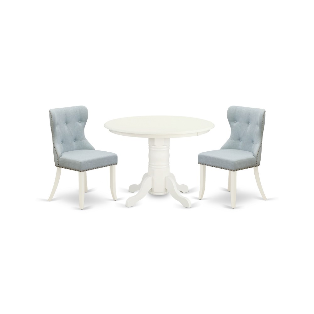 A Dining Set Of 2 Amazing Kitchen Chairs, Baby Blue Color, Gorgeous Table, Linen White Color