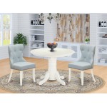 A Dining Set Of 2 Amazing Kitchen Chairs, Baby Blue Color, Gorgeous Table, Linen White Color