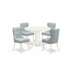 A Dining Set Of 4 Amazing Parson Chairs, Baby Blue Color, Gorgeous Wood Table, Linen White Color