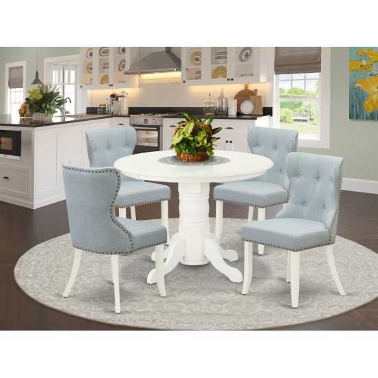 A Dining Set Of 4 Amazing Parson Chairs, Baby Blue Color, Gorgeous Wood Table, Linen White Color