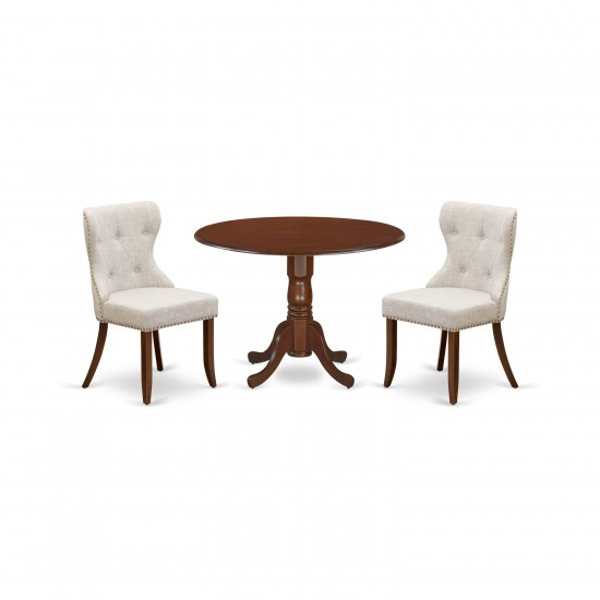 A Dining Set Of Two Chairs Using Doeskin Color, Two 9" Drop Leaf Round Pedestal Kitchen Table In Mahogany Finish