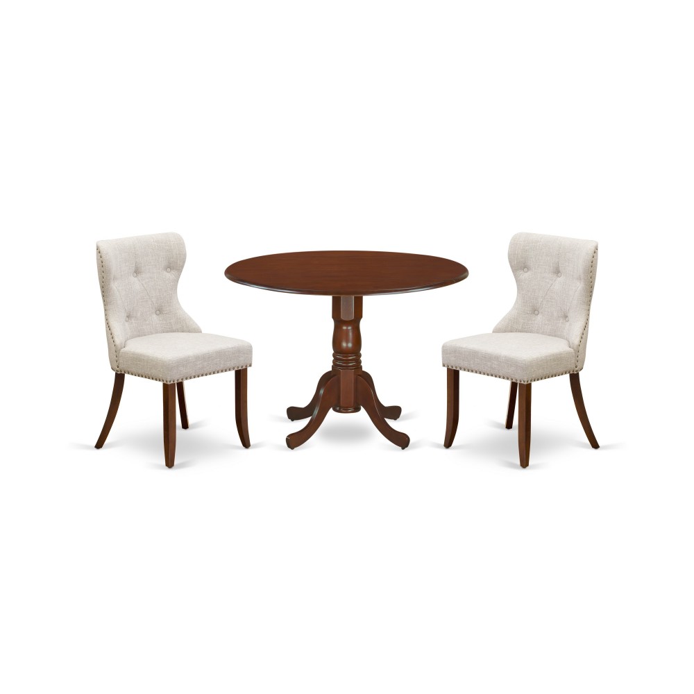 A Dining Set Of Two Chairs Using Doeskin Color, Two 9" Drop Leaf Round Pedestal Kitchen Table In Mahogany Finish