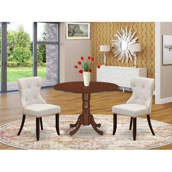 A Dining Set Of Two Chairs Using Doeskin Color, Two 9" Drop Leaf Round Pedestal Kitchen Table In Mahogany Finish