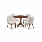 A Dining Set Of 4 Kitchen Chairs Using Doeskin Color, An Attractive Two 9" Drop Leaf Round Table In Mahogany Finish