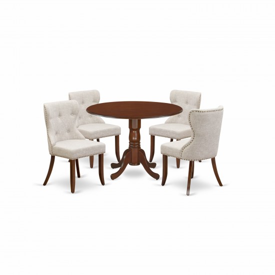 A Dining Set Of 4 Kitchen Chairs Using Doeskin Color, An Attractive Two 9" Drop Leaf Round Table In Mahogany Finish