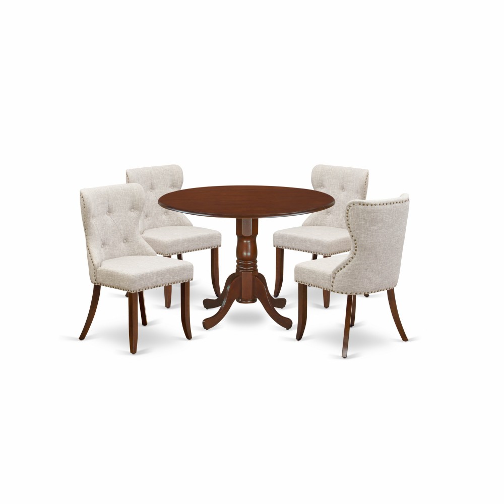 A Dining Set Of 4 Kitchen Chairs Using Doeskin Color, An Attractive Two 9" Drop Leaf Round Table In Mahogany Finish