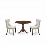 3 Pc Dining Set, Mahogany Kitchen Table, 2 Doeskin Chairs Button Tufted Back, Nail Heads, Mahogany Finish