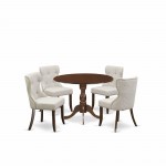 5Pc Kitchen Dining Set, Mahogany Small Table, 4 Doeskin Chairs Back, Nail Heads, Mahogany Finish