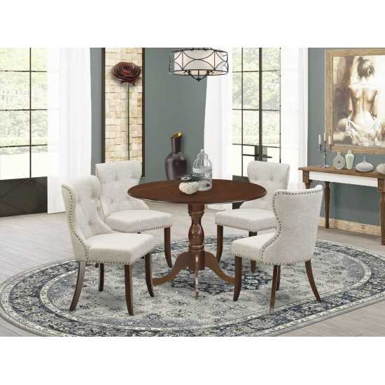 5Pc Kitchen Dining Set, Mahogany Small Table, 4 Doeskin Chairs Back, Nail Heads, Mahogany Finish