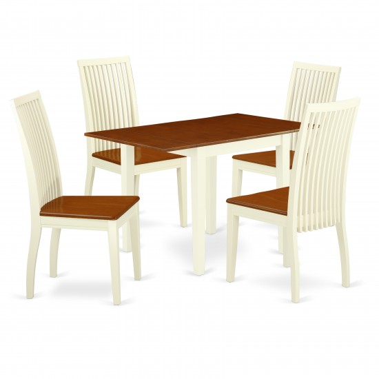 5Pc Dining Set, Wood Table, 4 Chairs, Rubberwood Seat, Buttermilk-Cherry