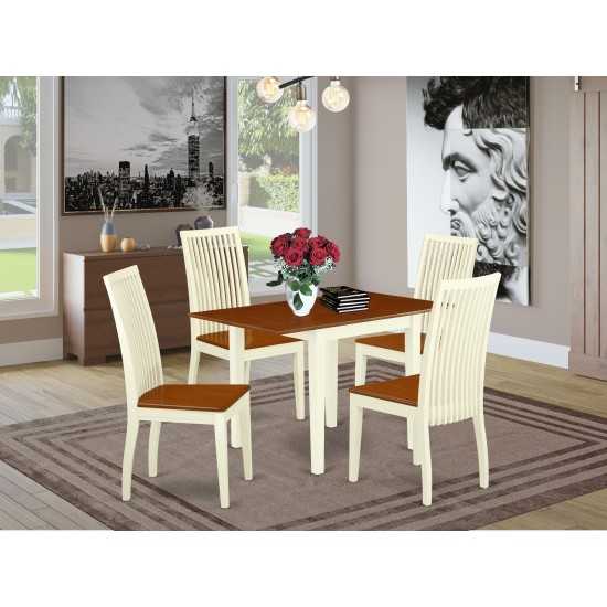 5Pc Dining Set, Wood Table, 4 Chairs, Rubberwood Seat, Buttermilk-Cherry