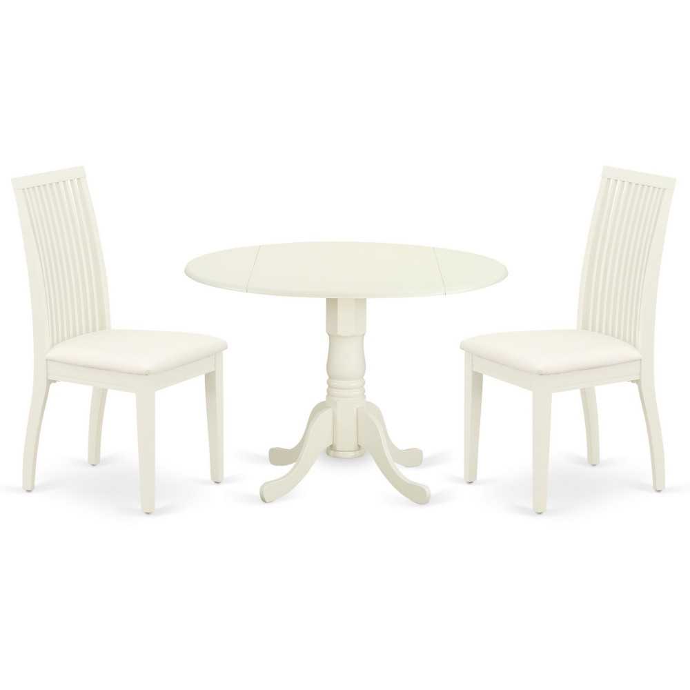 3Pc Dinette Set, Rounded Kitchen Table, Drop Leaves, Two Linen Seat Dining Chairs, White Finish