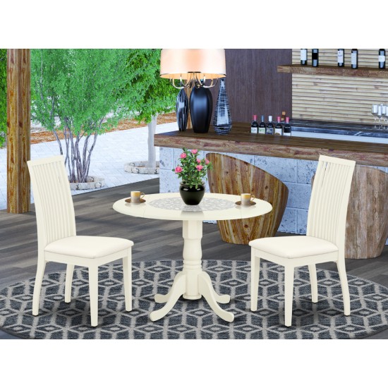 3Pc Dinette Set, Rounded Kitchen Table, Drop Leaves, Two Linen Seat Dining Chairs, White Finish