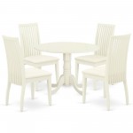 5Pc Dining Set, Round Dinette Table, Drop Leaves, Four Linen Seat Chairs, White Finish