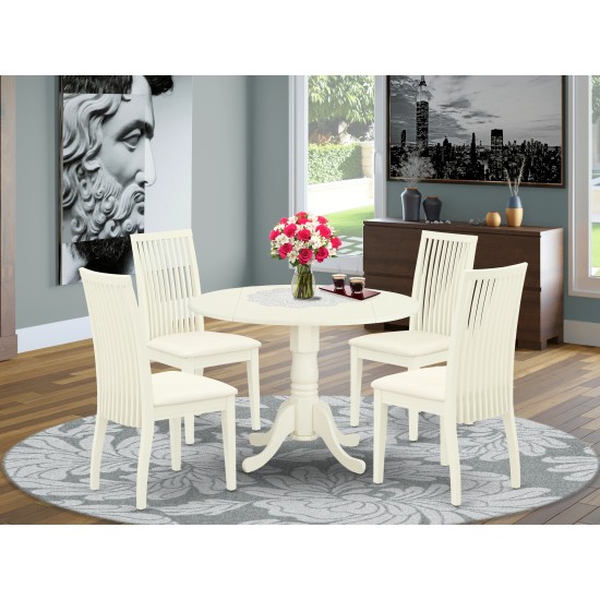 5Pc Dining Set, Round Dinette Table, Drop Leaves, Four Linen Seat Chairs, White Finish