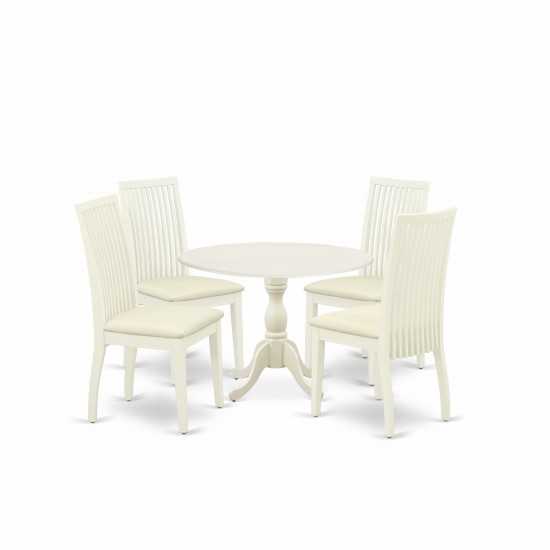 5 Pc Dining Room Set, 1 Drop Leaves Table, 4 Linen White Chair, Linen White