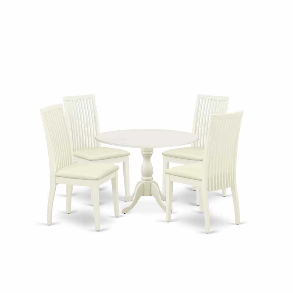 5 Pc Dining Room Set, 1 Drop Leaves Table, 4 Linen White Chair, Linen White