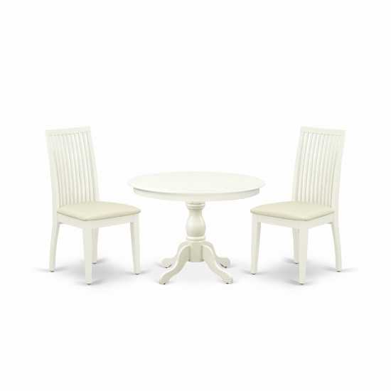 3 Pc Kitchen Dining Set, Linen White Round Table, 2 Linen White Chairs, Slatted Back, Linen White Finish