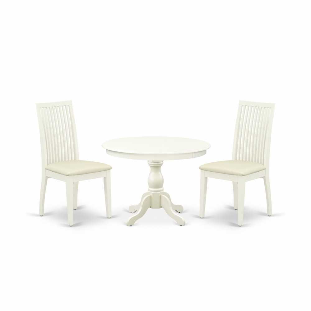 3 Pc Kitchen Dining Set, Linen White Round Table, 2 Linen White Chairs, Slatted Back, Linen White Finish