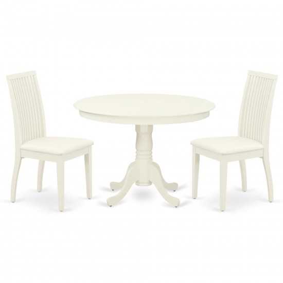 3Pc Dinette Set, Rounded Kitchen Table, Two Linen Seat Dining Chairs, Linen White Finish