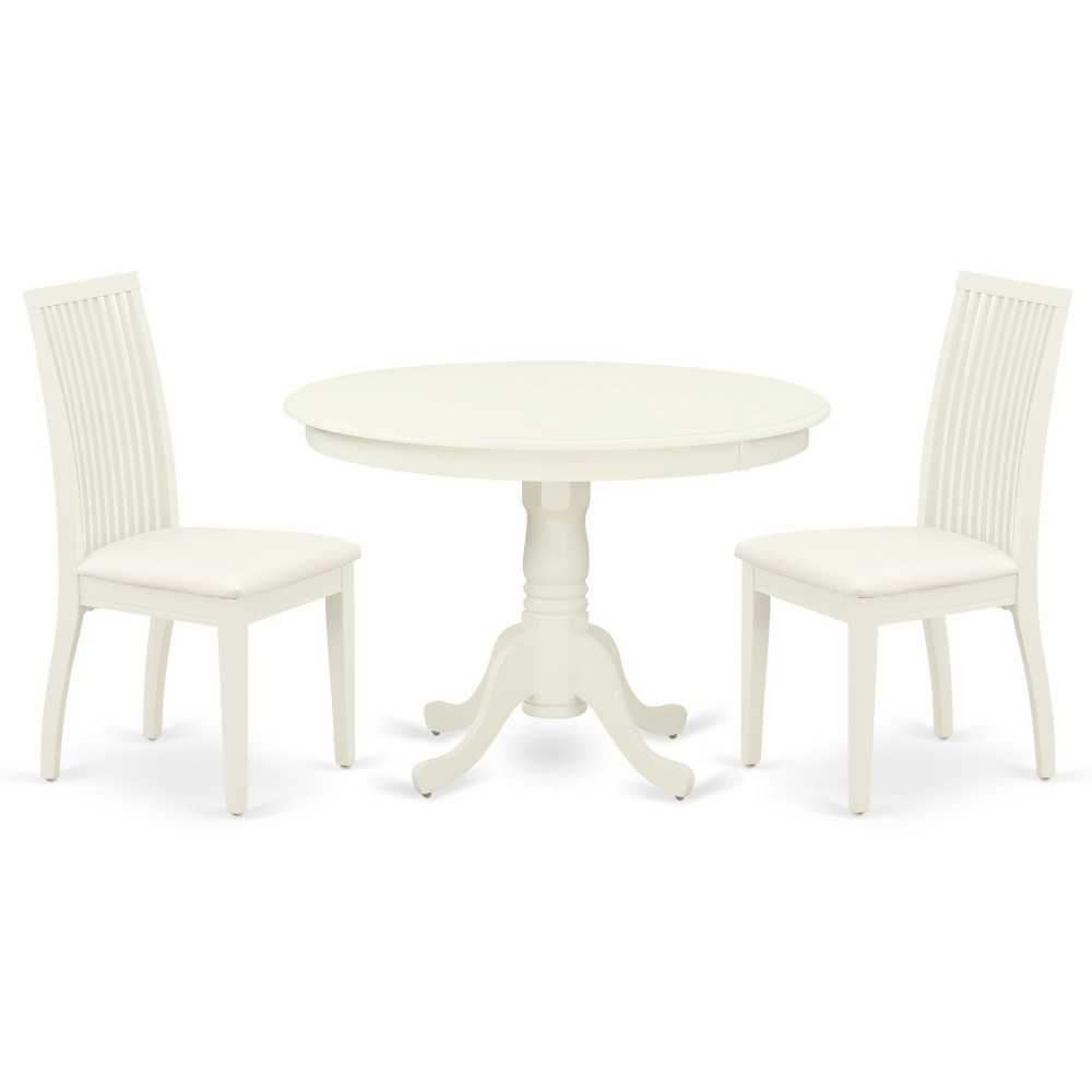 3Pc Dinette Set, Rounded Kitchen Table, Two Linen Seat Dining Chairs, Linen White Finish