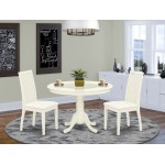 3Pc Dinette Set, Rounded Kitchen Table, Two Linen Seat Dining Chairs, Linen White Finish