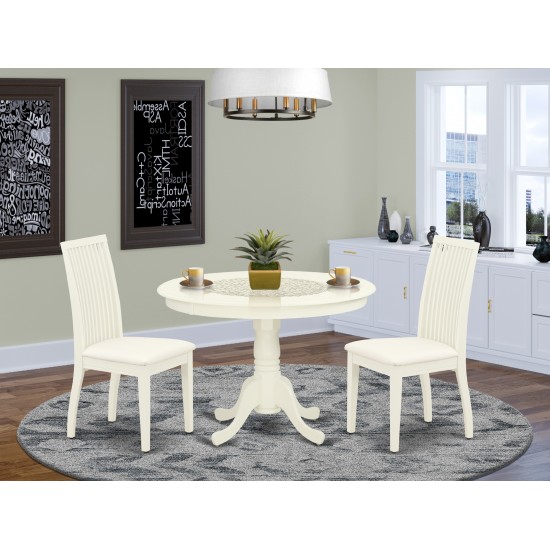 3Pc Dinette Set, Rounded Kitchen Table, Two Linen Seat Dining Chairs, Linen White Finish