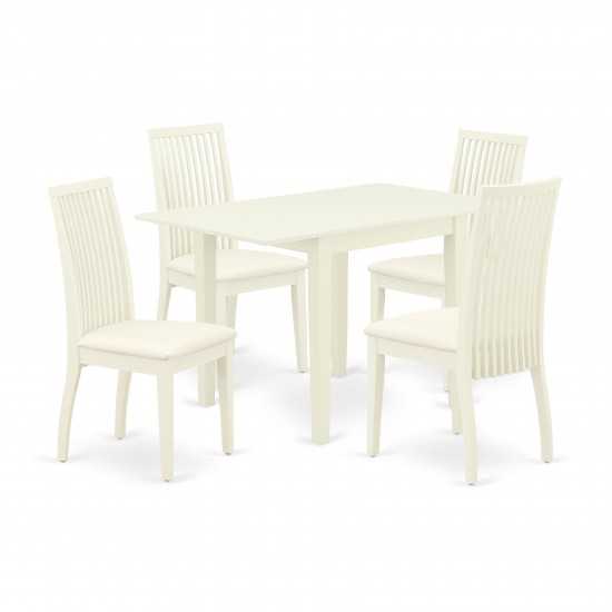 5Pc Wood Dining Set, A Small Table, 4 Dinette Chairs, Linen Fabic Seat, Linen White Finish