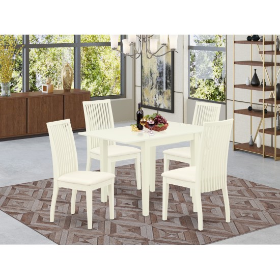 5Pc Wood Dining Set, A Small Table, 4 Dinette Chairs, Linen Fabic Seat, Linen White Finish