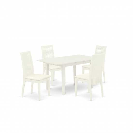 Rectangular Dining Set 4 Wood Chair, Butterfly Leaf Dining Table, Linen White