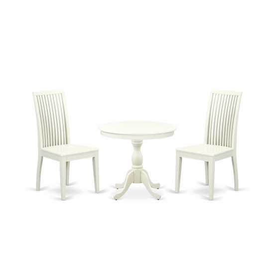 3 Pc Dining Set, 1 Wood Table, 2 Linen White Wood Chairs, Slatted Back, Linen White Finish