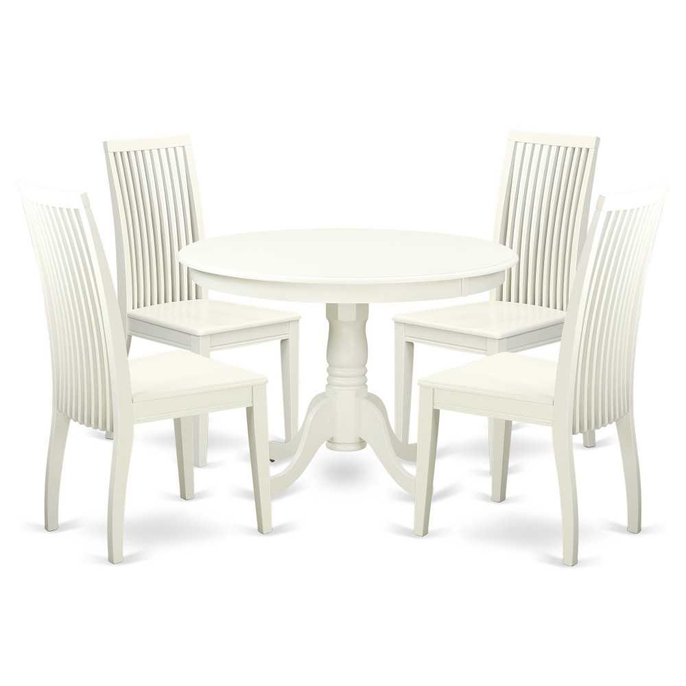 5Pc Hartland Set, One Dining Table, Four Wood Seat Dinette Chairs In Beautiful Linen White Finish.