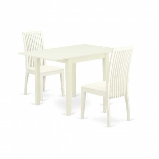 3Pc Kitchen Set, A Wood Dining Table, 2 Chair, Solid Wood Seat, Slat Back, Linen White Finish