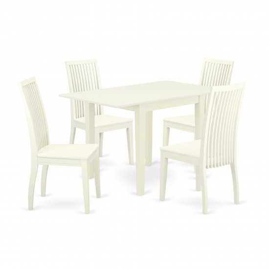 5Pc Dining Set, Rectangular Table, 4 Chairs, Asian Hardwood Seat, Slat Back, Linen White