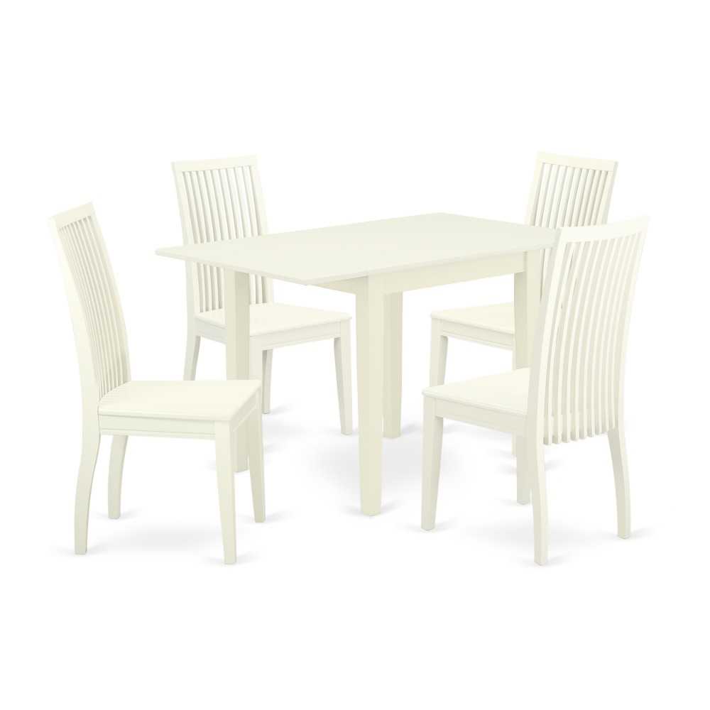 5Pc Dining Set, Rectangular Table, 4 Chairs, Asian Hardwood Seat, Slat Back, Linen White