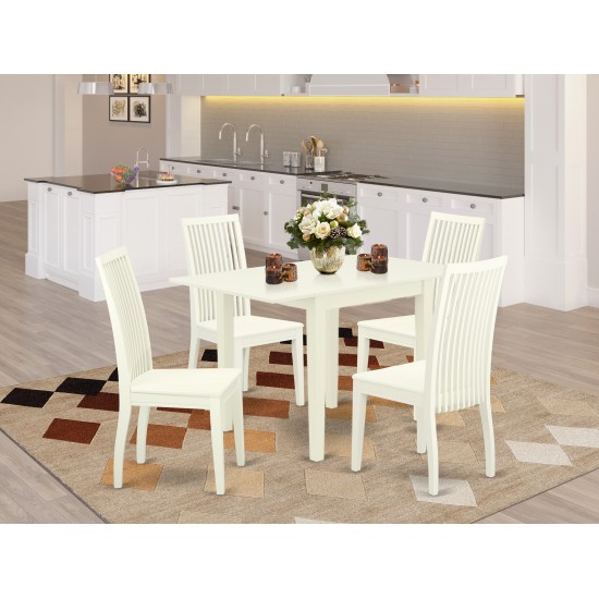 5Pc Dining Set, Rectangular Table, 4 Chairs, Asian Hardwood Seat, Slat Back, Linen White