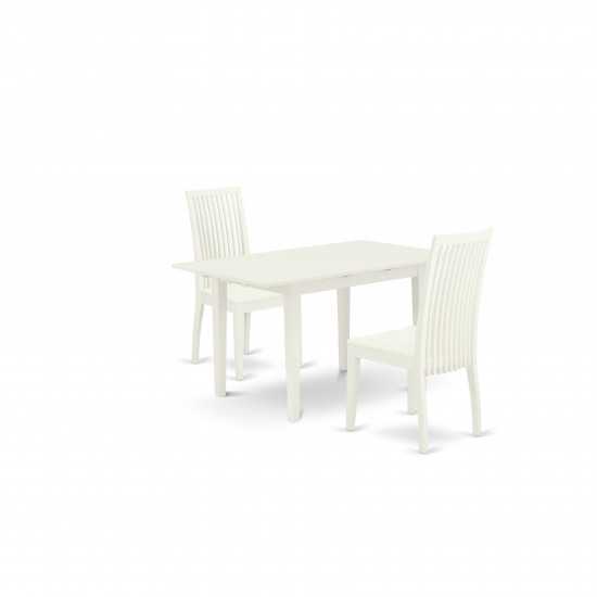 3Pc Dining Set 2 Dining Chairs, Butterfly Leaf Wood Dining Table, Linen White