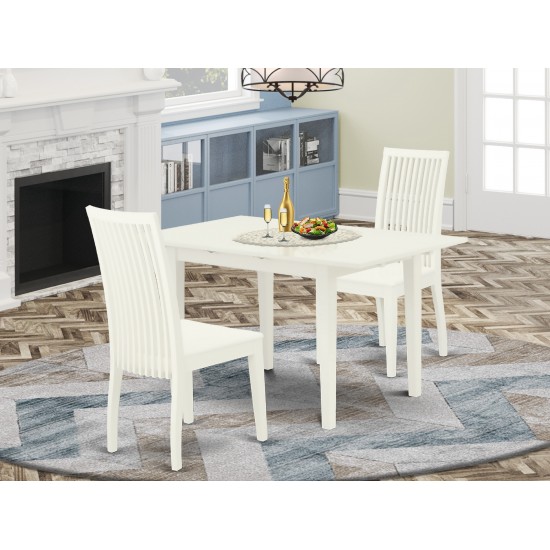 3Pc Dining Set 2 Dining Chairs, Butterfly Leaf Wood Dining Table, Linen White