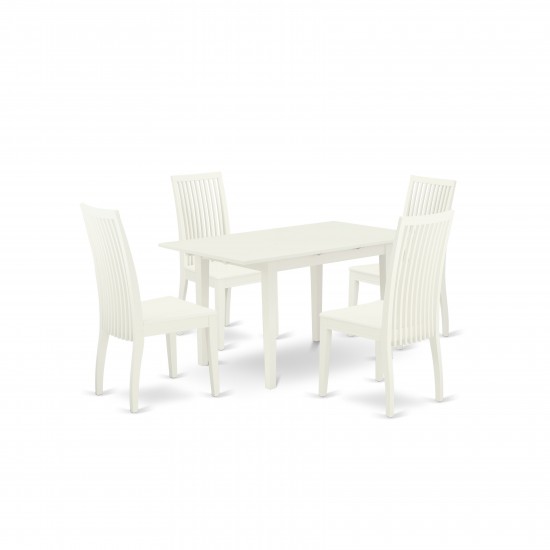 5Pc Dining Set 4 Wood Chairs, Butterfly Leaf Small Dining Table, Linen White