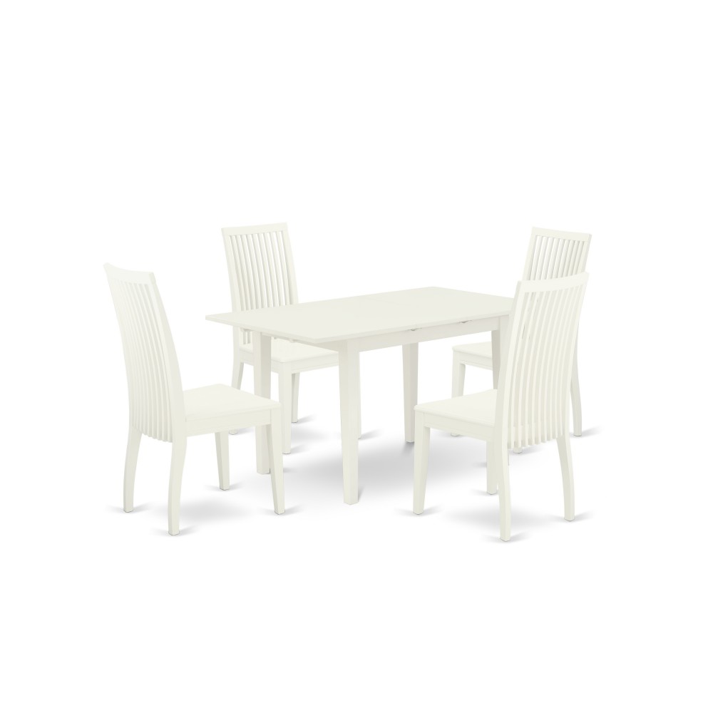 5Pc Dining Set 4 Wood Chairs, Butterfly Leaf Small Dining Table, Linen White