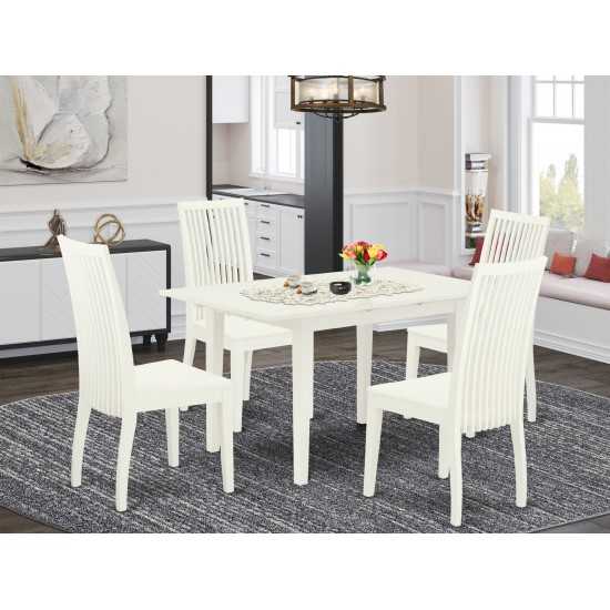 5Pc Dining Set 4 Wood Chairs, Butterfly Leaf Small Dining Table, Linen White