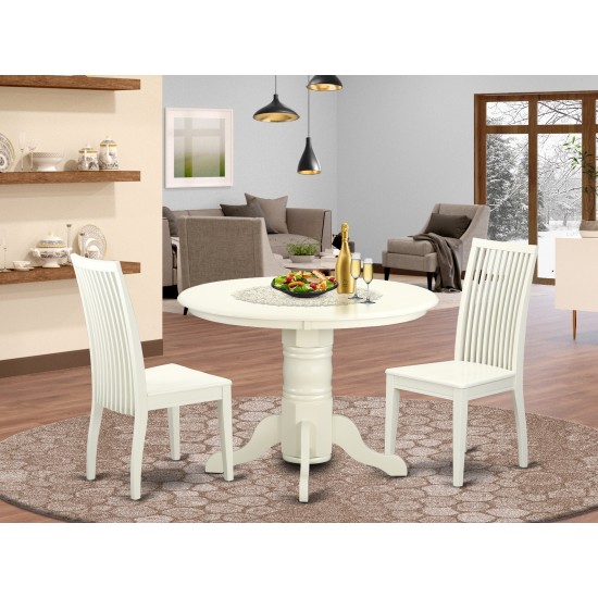 3 Pc Shelton Set, One Round Dinette Table, Two Dinette Chairs, Wood Seat In A Beautiful Linen White Finish.