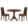 3Pc Dinette Set, Rounded Kitchen Table, Drop Leaves, Two Linen Seat Dining Chairs, Mahogany Finish