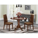 3Pc Dinette Set, Rounded Kitchen Table, Drop Leaves, Two Linen Seat Dining Chairs, Mahogany Finish